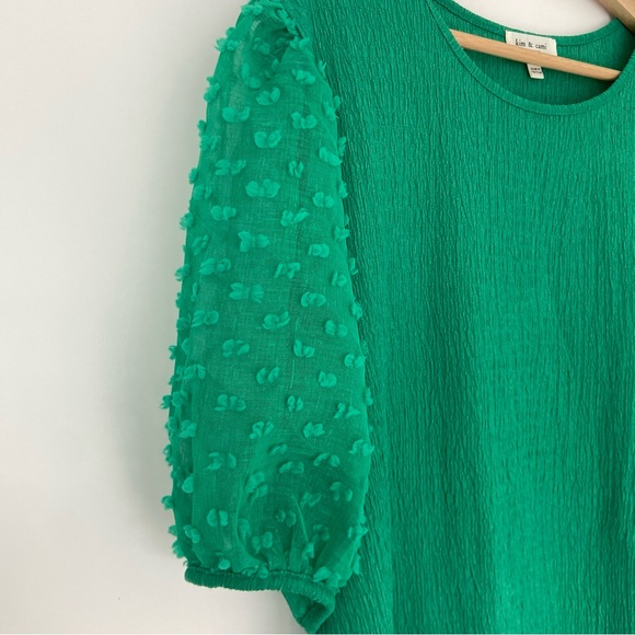 KIM & CAMI KELLY GREEN TOP/BLOUSE WITH SHEER CHIFFON STATEMENT SLEEVES, XL - Picture 3 of 10